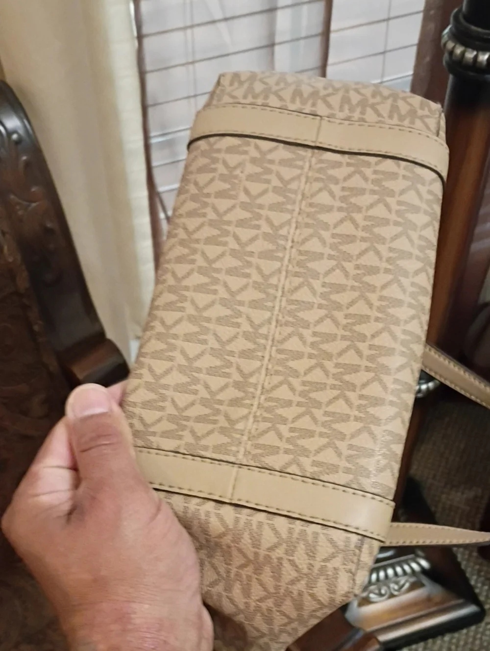 Michael Kors Beige Logo-Print Satchel with Tan Trim